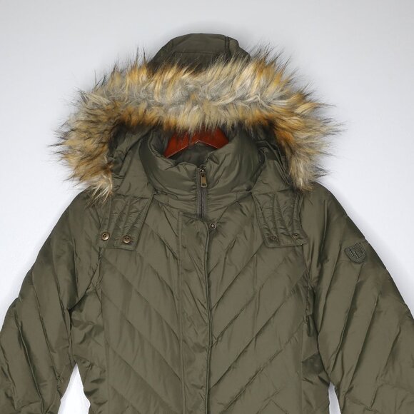 Larry Levine Long Midi Down Filled Parka Coat Faux Fur Hood Olive Green Quilted - Picture 13 of 15